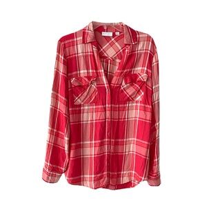 New York & Co Pink White Plaid Button-Up Long Sleeve Shirt Top Size Medium